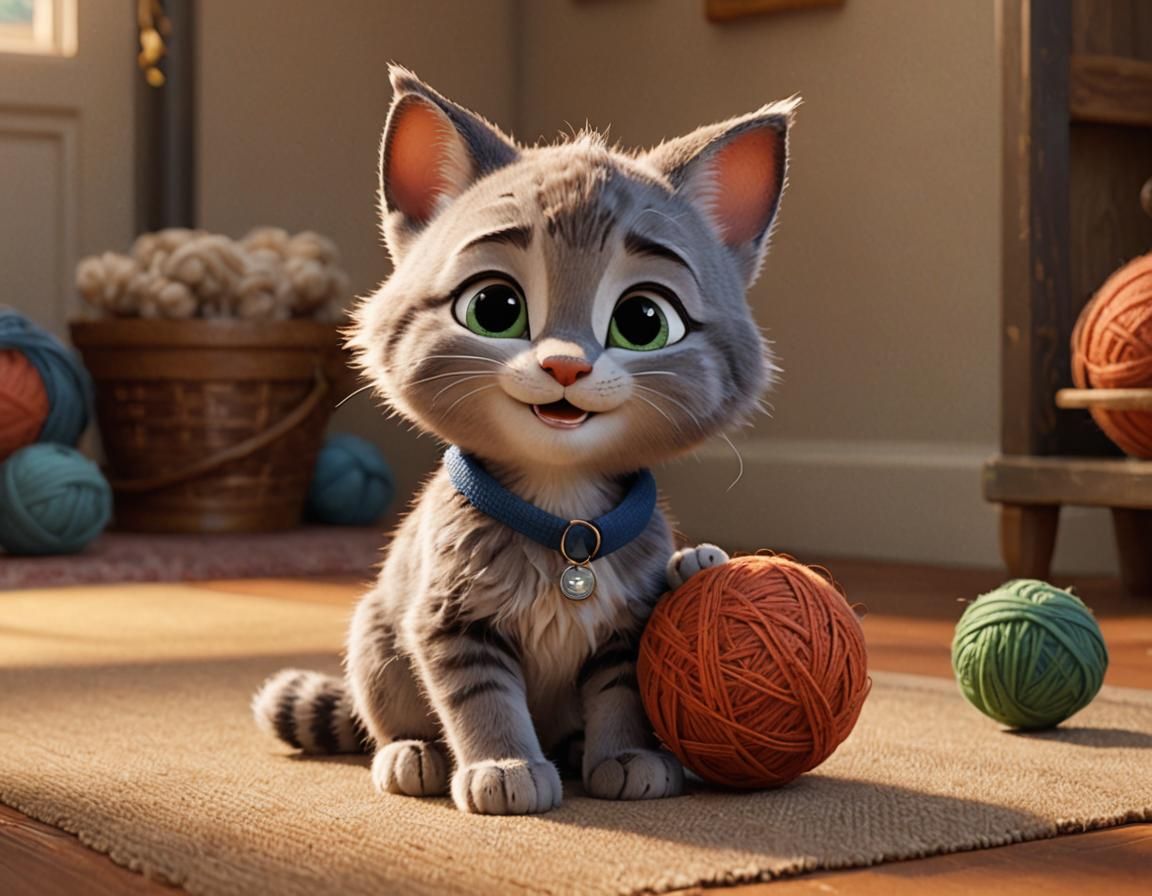 Cute Kitten Playing with Wool Ball in CGI Style