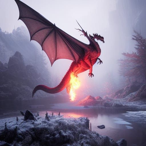 Dragon's Fire Over Frozen Forest: Dark Fantasy Art