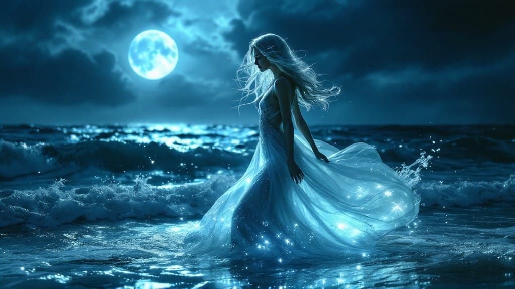 Ethereal Goddess Emerges from Moonlit Waves