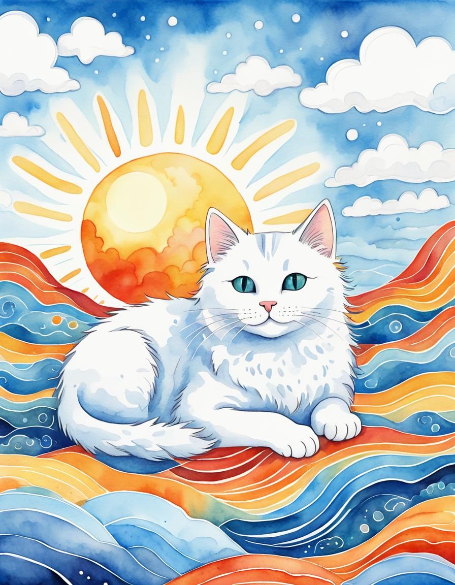 Fluffy Cat in Smiling Sun: Children's Book Illustration