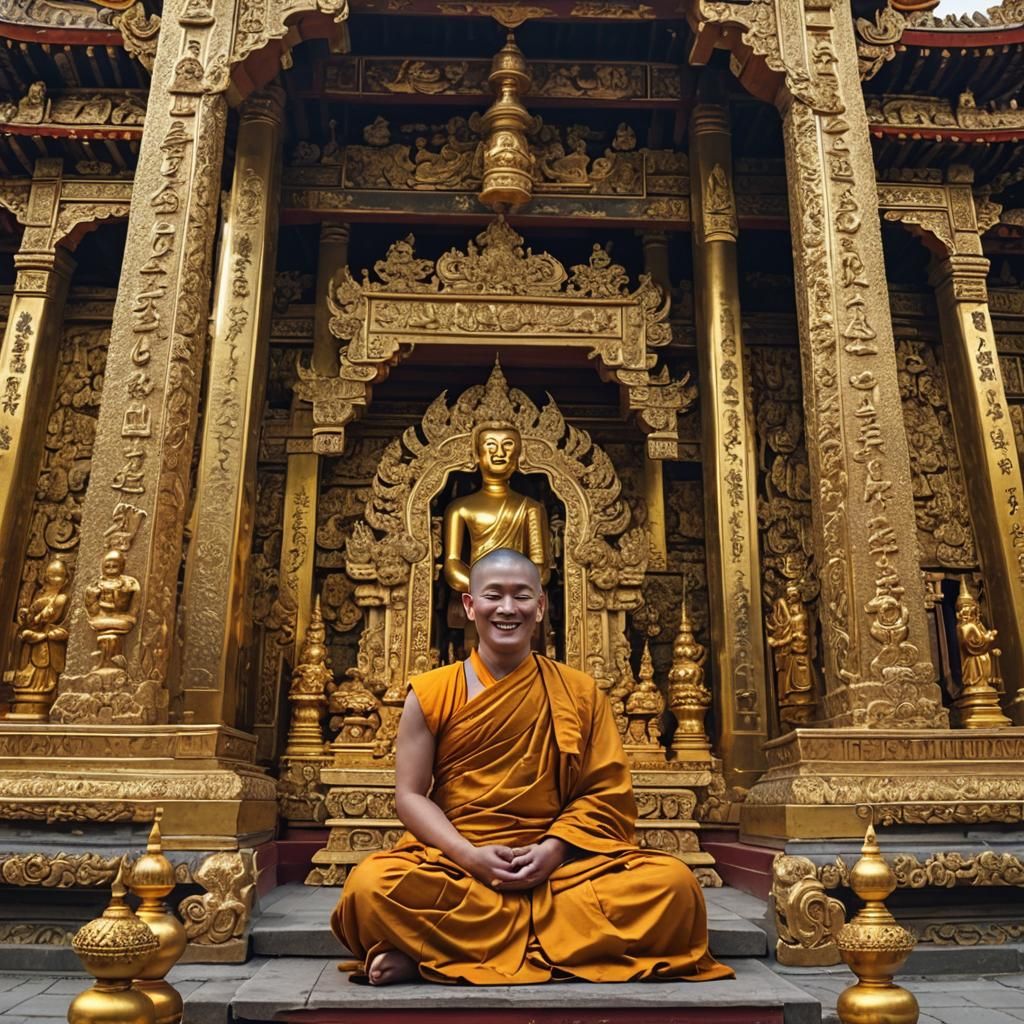 Golden Buddhist Temple with Smiling Monk