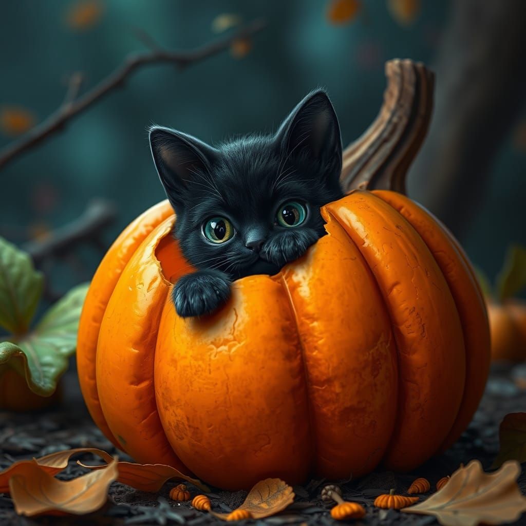Kawaii Black Cat in Halloween Pumpkin: Detailed Art