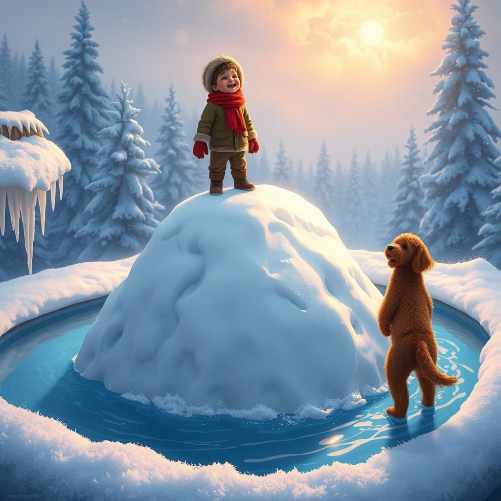 Joyful Boy Dives into Snowy Pool in Winter Wonderland
