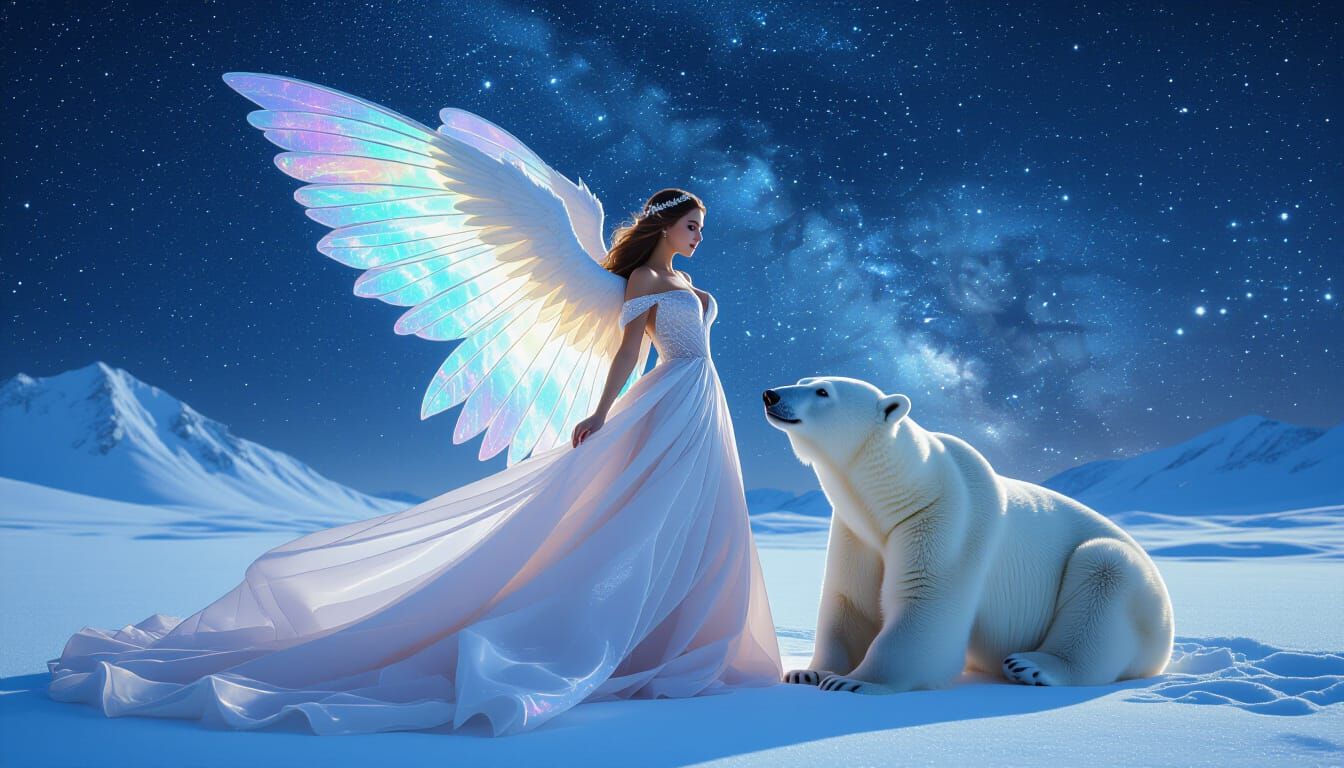 Arctic Angel with Polar Bear in Dreamy Ethereal Style