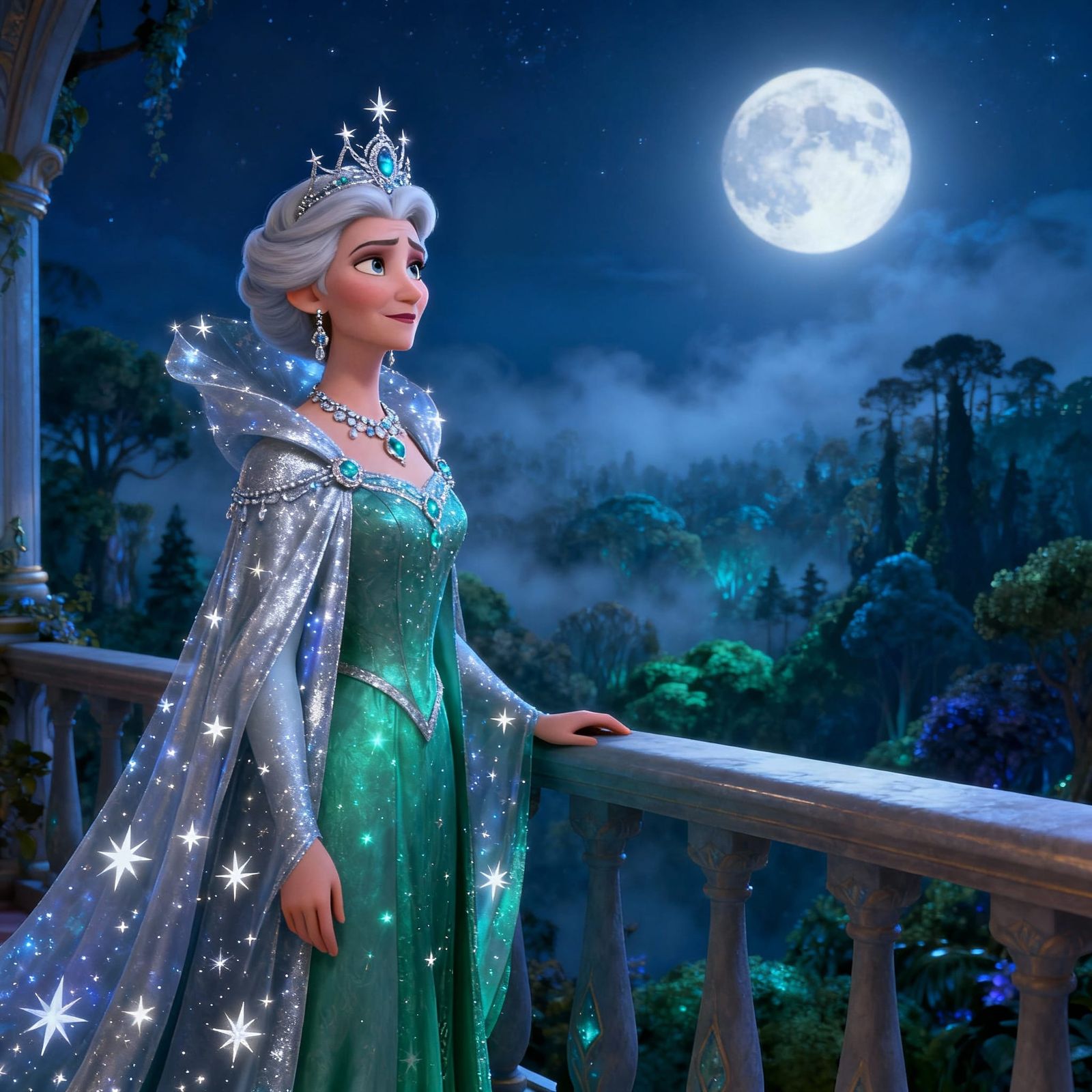Majestic Empress on Balcony in Pixar 3D Style