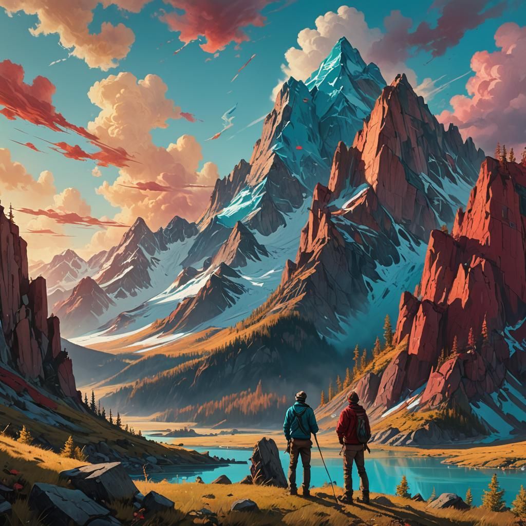 Artist Painting Mountains in Matte Painting Style