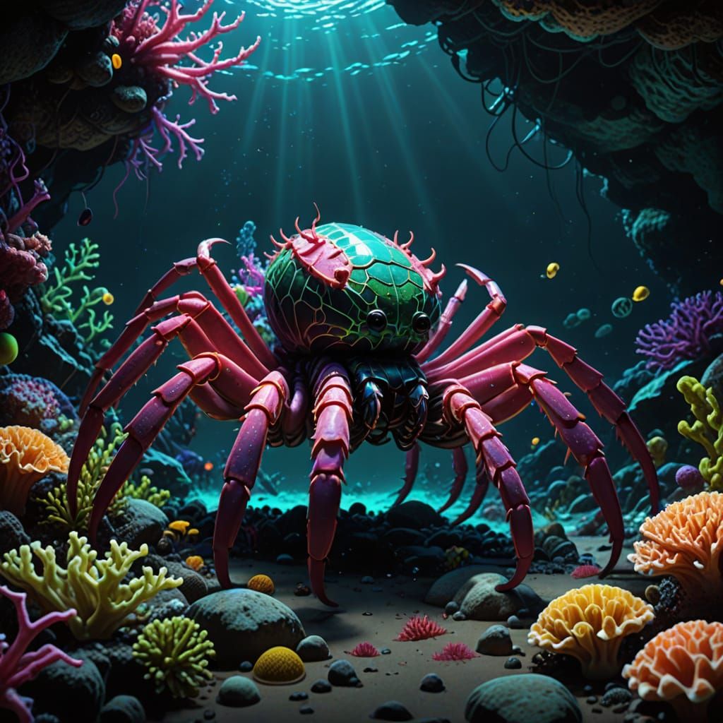 Bioluminescent Spider-Lobster Hybrid in Coral Ruins