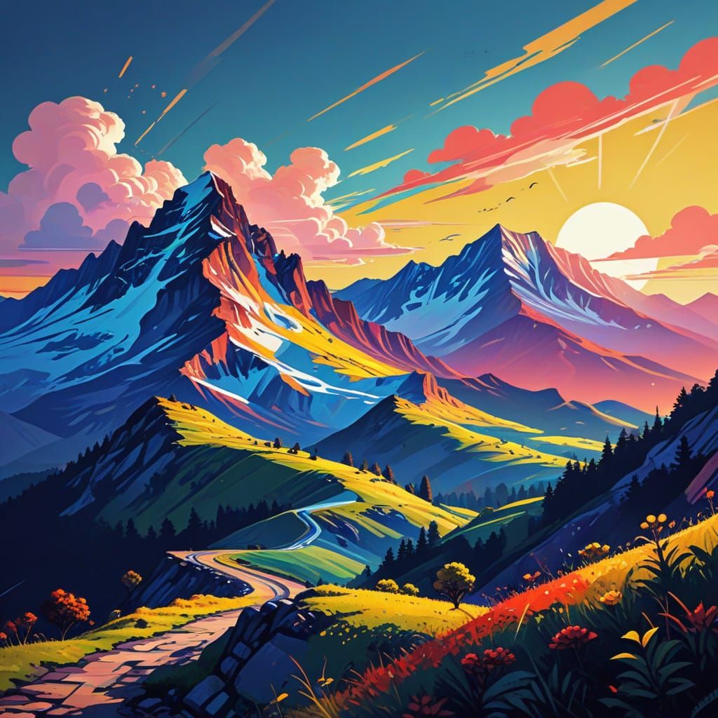 Vibrant Pop-Art Emoji Hike in Stylized Landscape