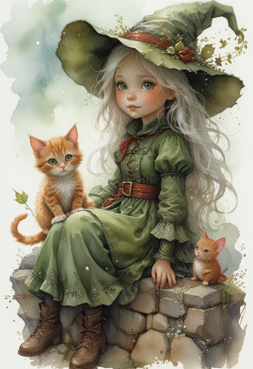 toddler witch  with her kitten