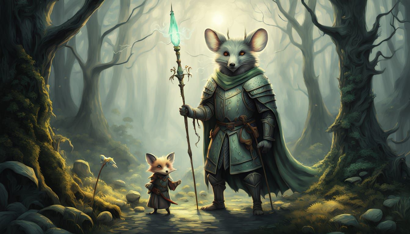 Whimsical Fantasy Knight Beside Wizard in Enchanted Forest
