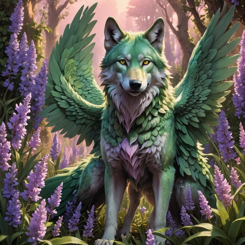 Serene Green Wolf with Floral Wings