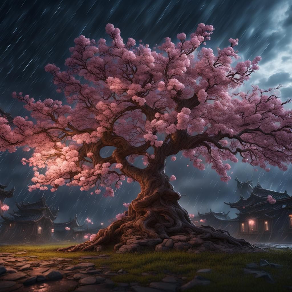 Glowing Cherry Blossom in Thunderstorm: Fantasy Concept Art