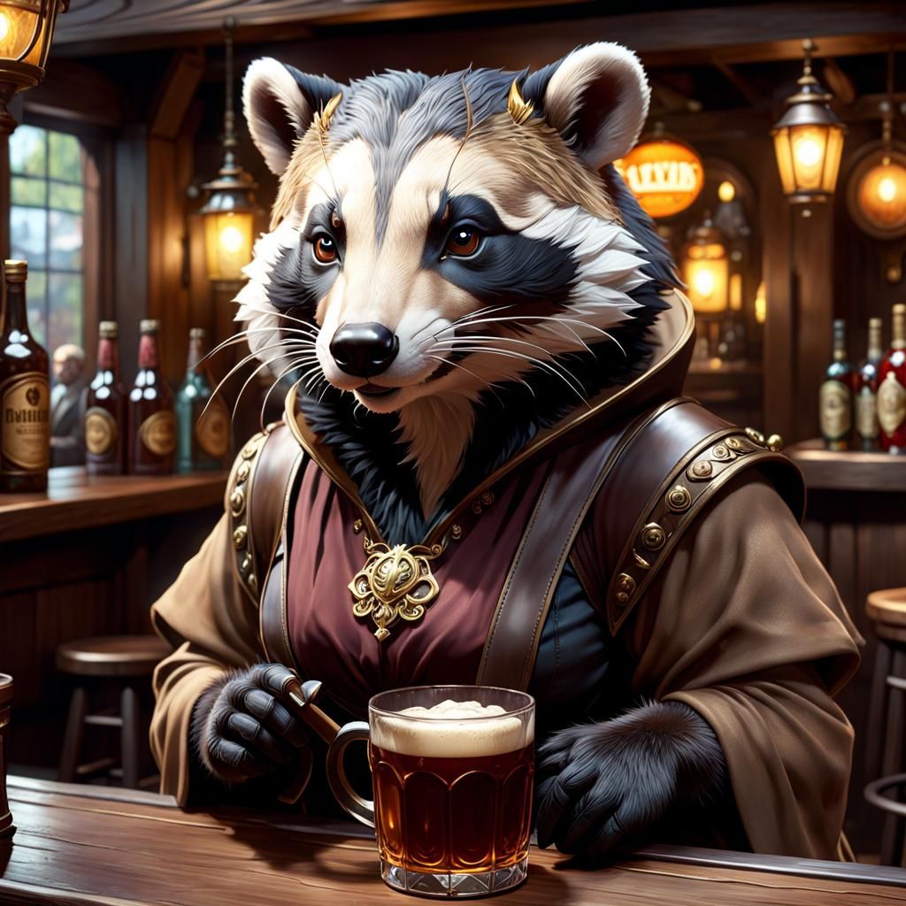 Badger Bartender in Tavern: Dark Fantasy Concept Art