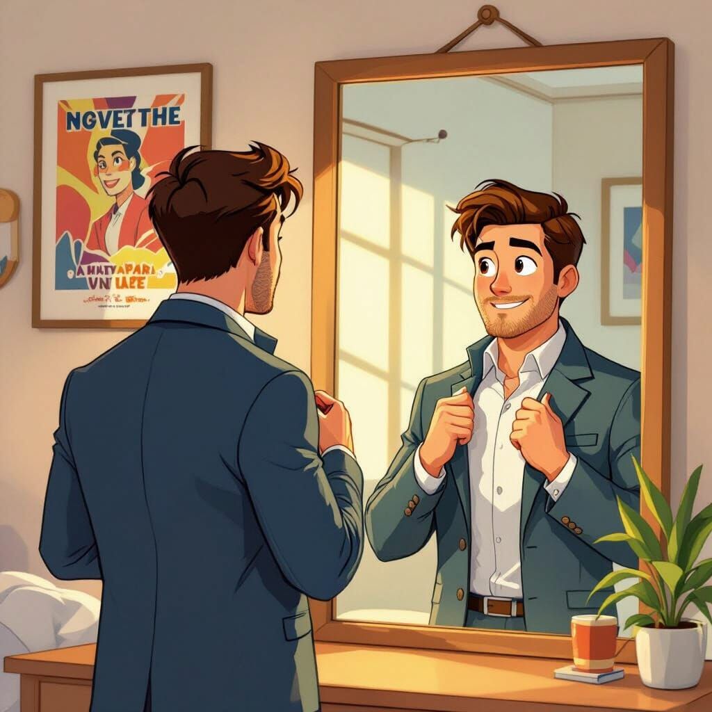 Confident Man Adjusts Jacket in Warmly Lit Room