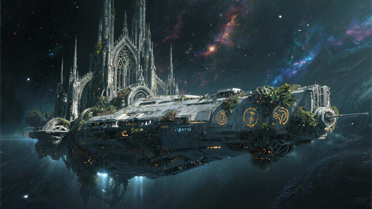 Gothic Cathedral Spaceship Covered in Alien Flora