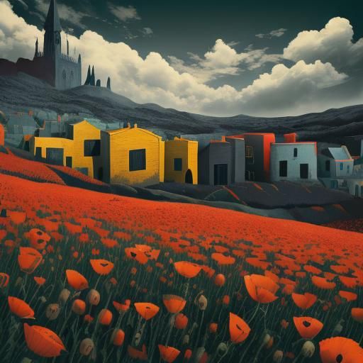 Surreal Poppy Field and Gothic Architecture