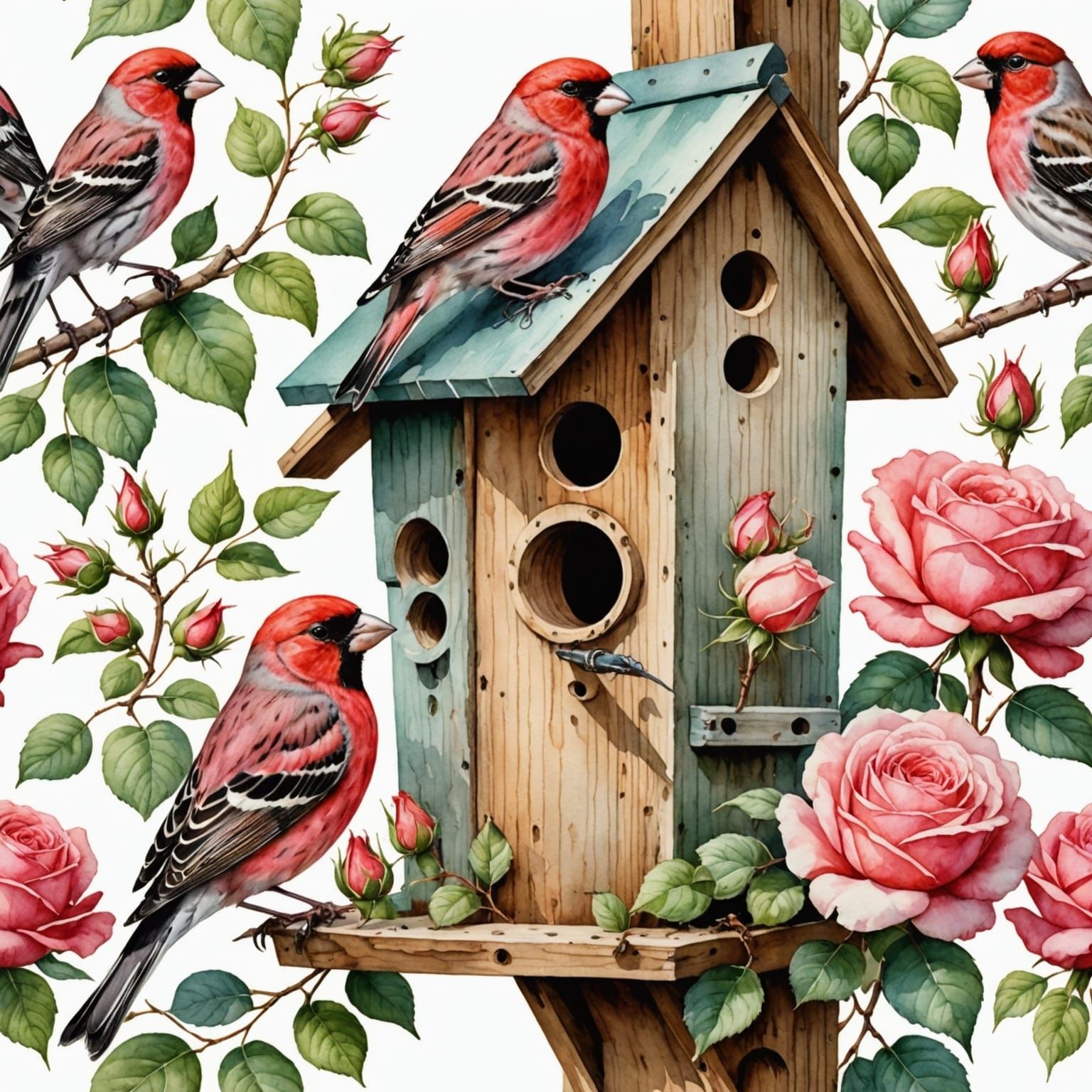 Rose Finches Gather at Watercolor Birdhouse