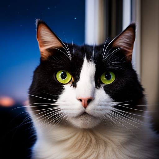 Fluffy Tuxedo Cat Views Night Sky Portrait