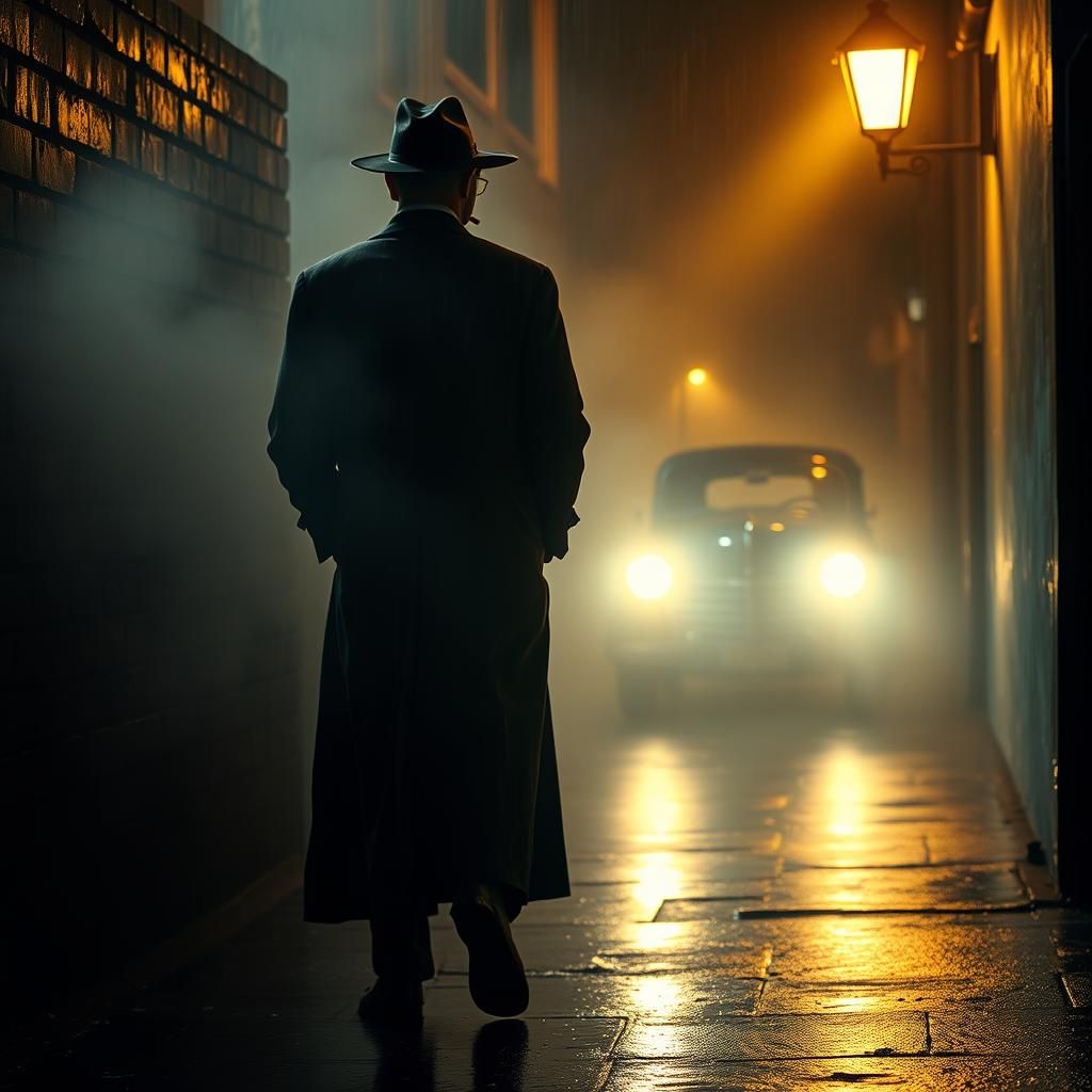 Film Noir Detective in Foggy Alleyway