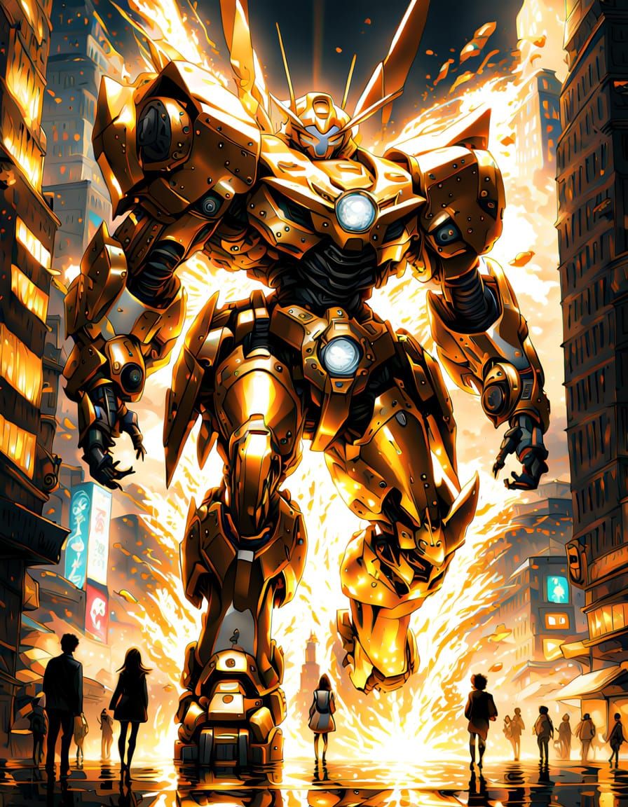 Giant Golden Mech Attacks City in Anime Style