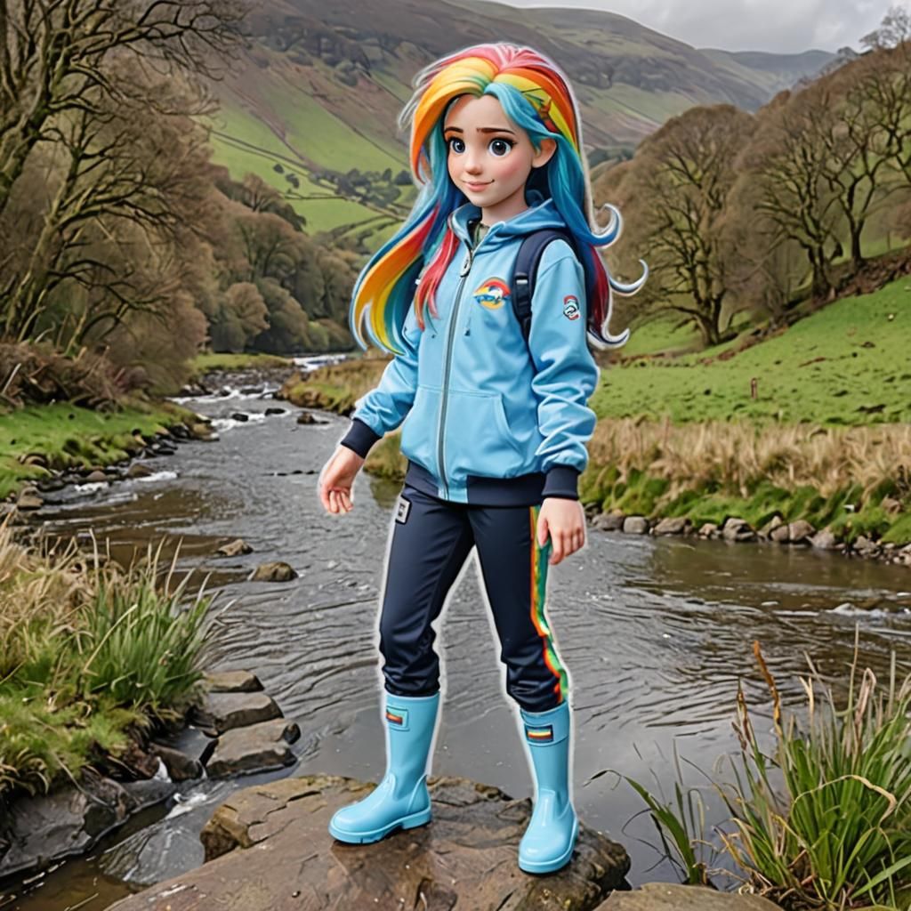 Rainbow Haired Girl Measures River on Field Trip