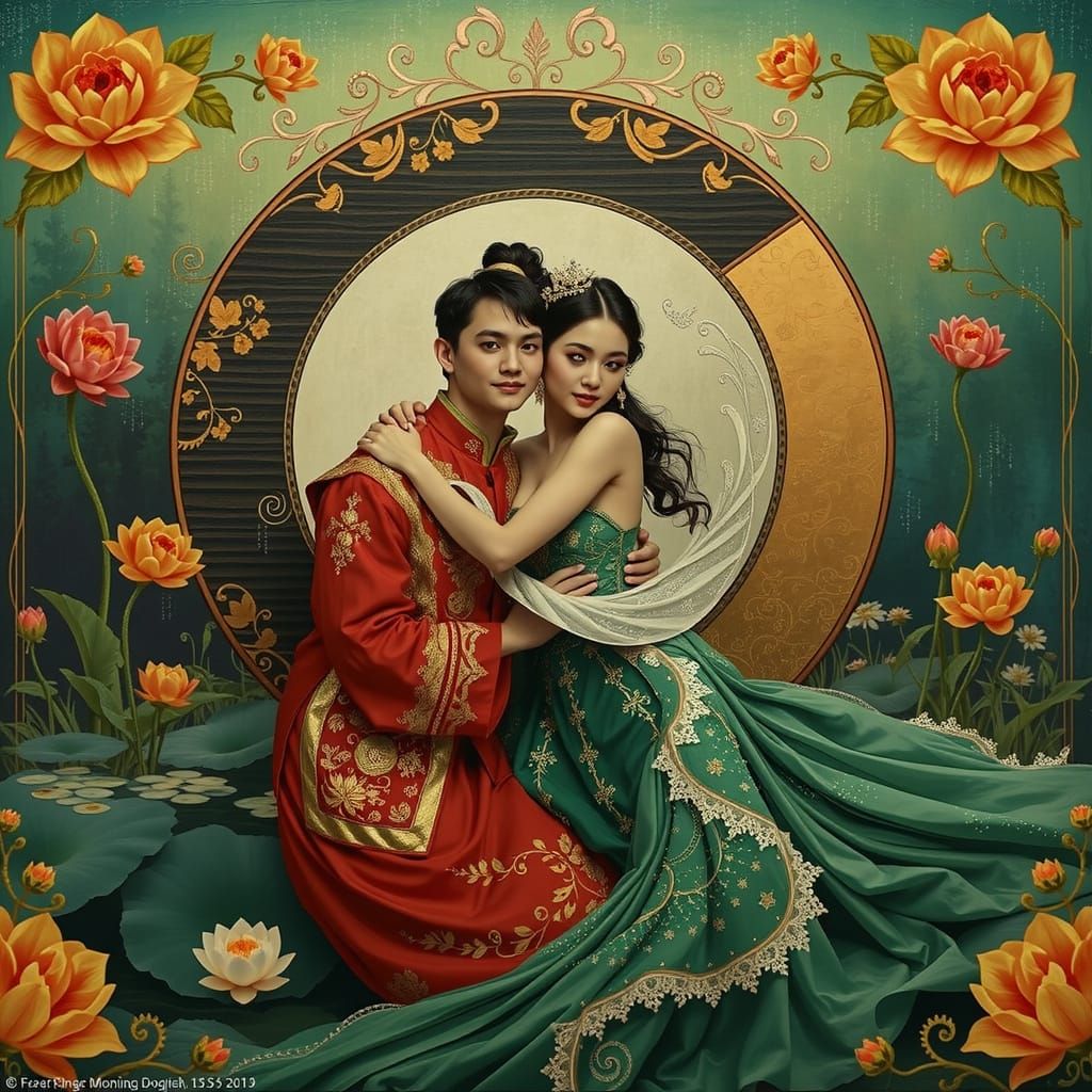 Elegant Figures in a Lotus Pond