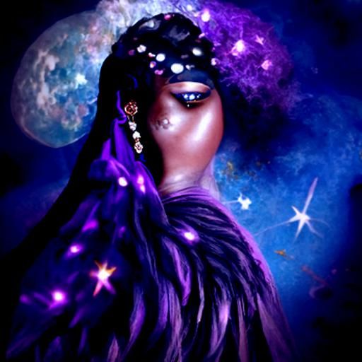 ethereal dark skinned goddess of the moon with long purple and black dreaded hair with ornate beading and gold coins. We...