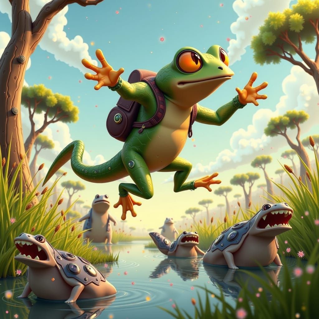 Frogger Leaps Over Hippos in Vibrant African Landscape