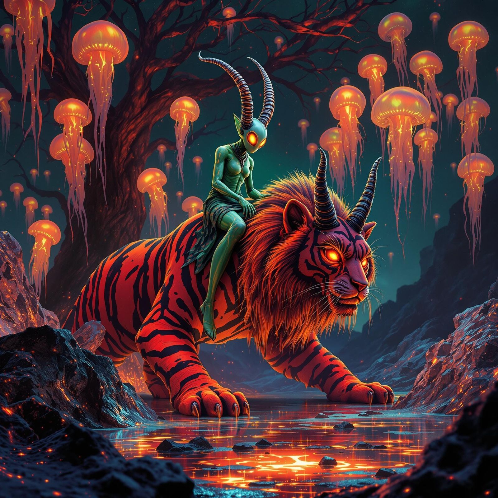 Psychedelic Alien Ruler Rides Sabertooth Cat