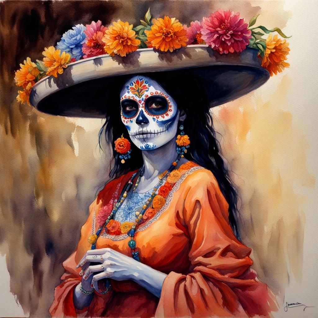 Catrina Mexicana: Vibrant Watercolor Oil Painting