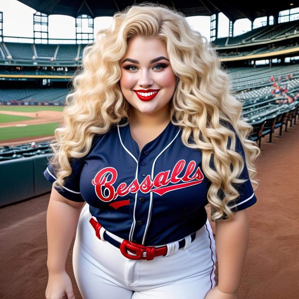 Curvy Blonde in Baseball Uniform at Stadium