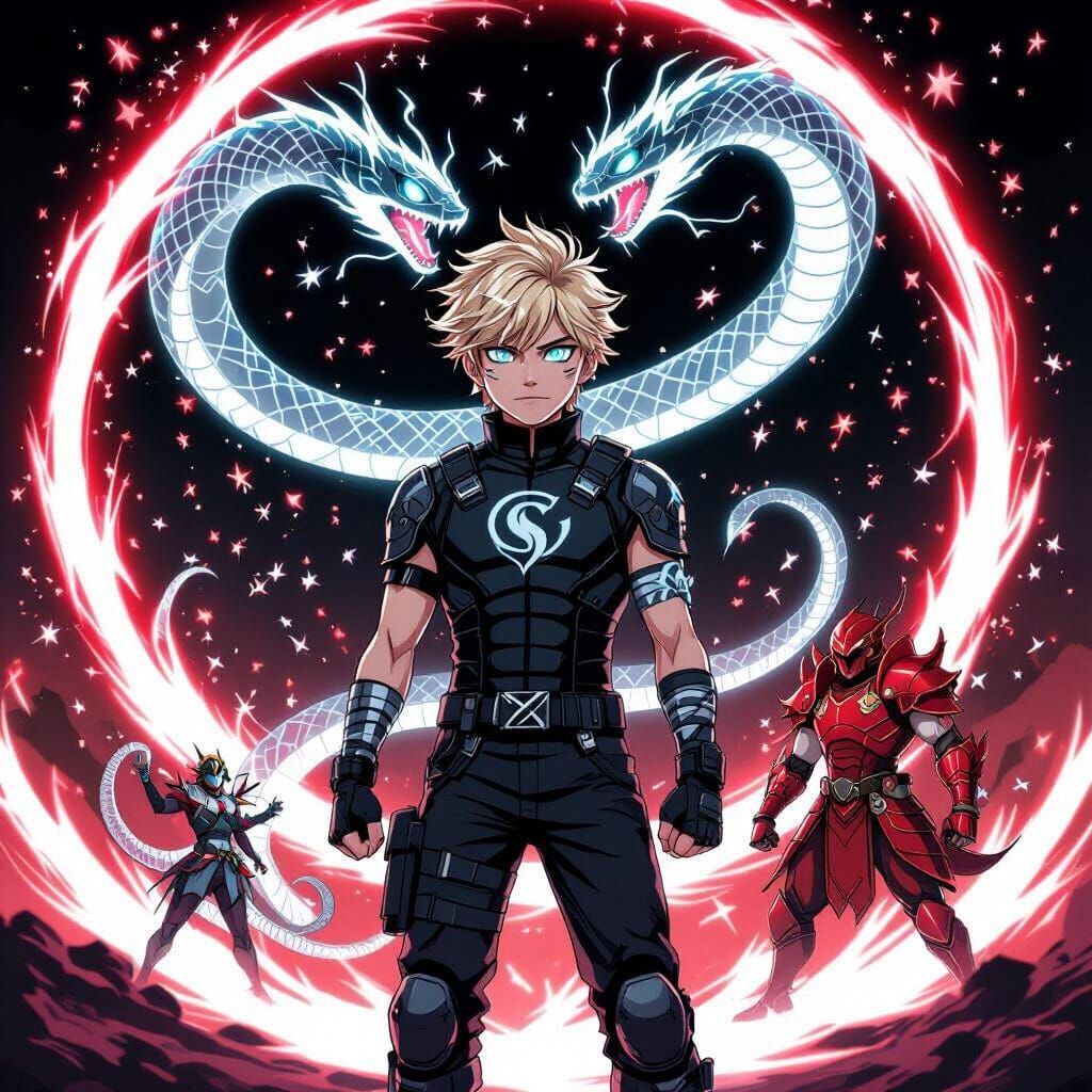 Anime Boy Teleports with Snake Aura Facing Monster