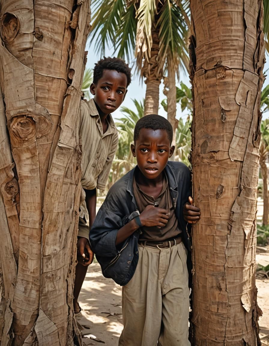 Frightened Boy Peeking from Palm Tree