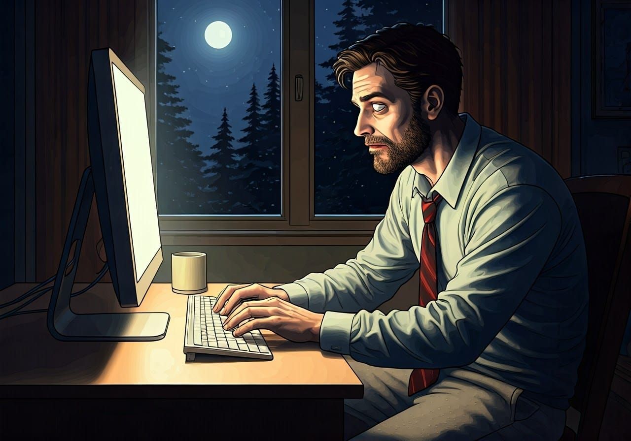 Exhausted Man Working at Computer: Digital Horror Illustrati...