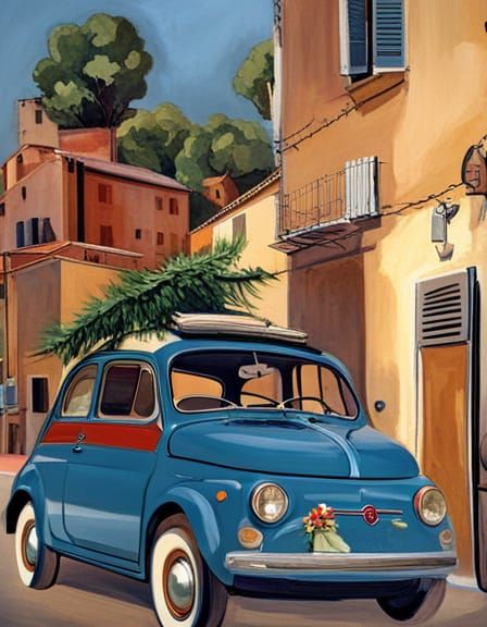 Fiat 500 with Christmas Tree, in Picasso Style