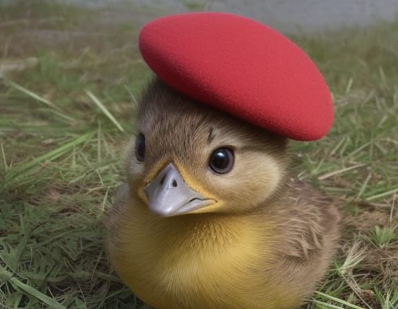 Cute Duckling in Red Beret with Pleading Eyes