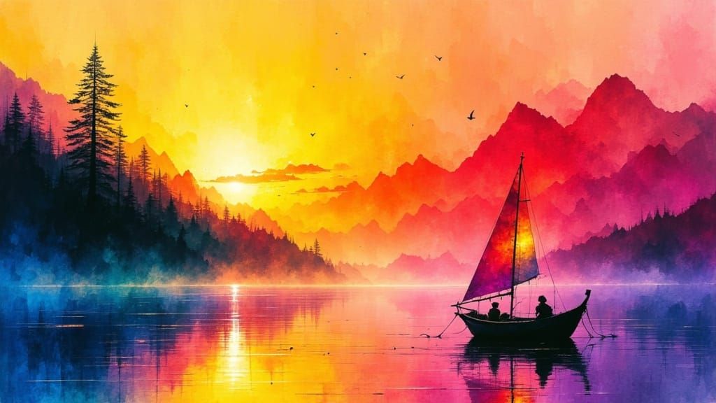 Abstract Sailing Boat on Lake in Radiant Light
