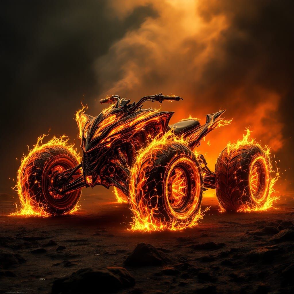 Fiery Four Wheeler in Post-Apocalyptic Dreamscape