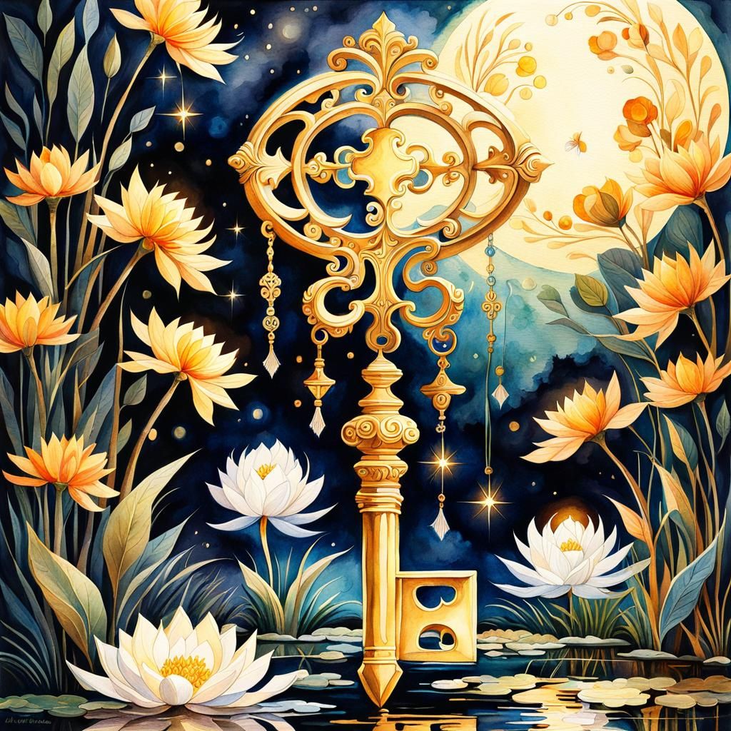 Golden Key Over Moonlit Pond in Watercolor