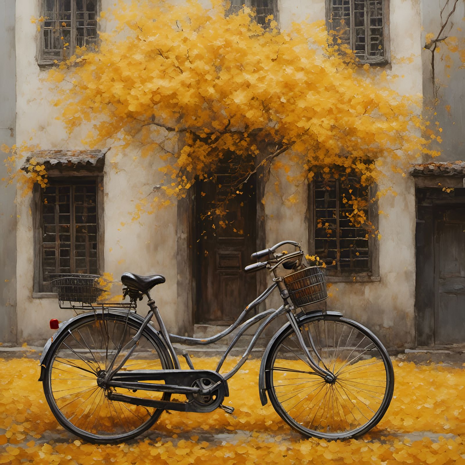Bicycle and Yellow Tree: Impressionist Oil Painting