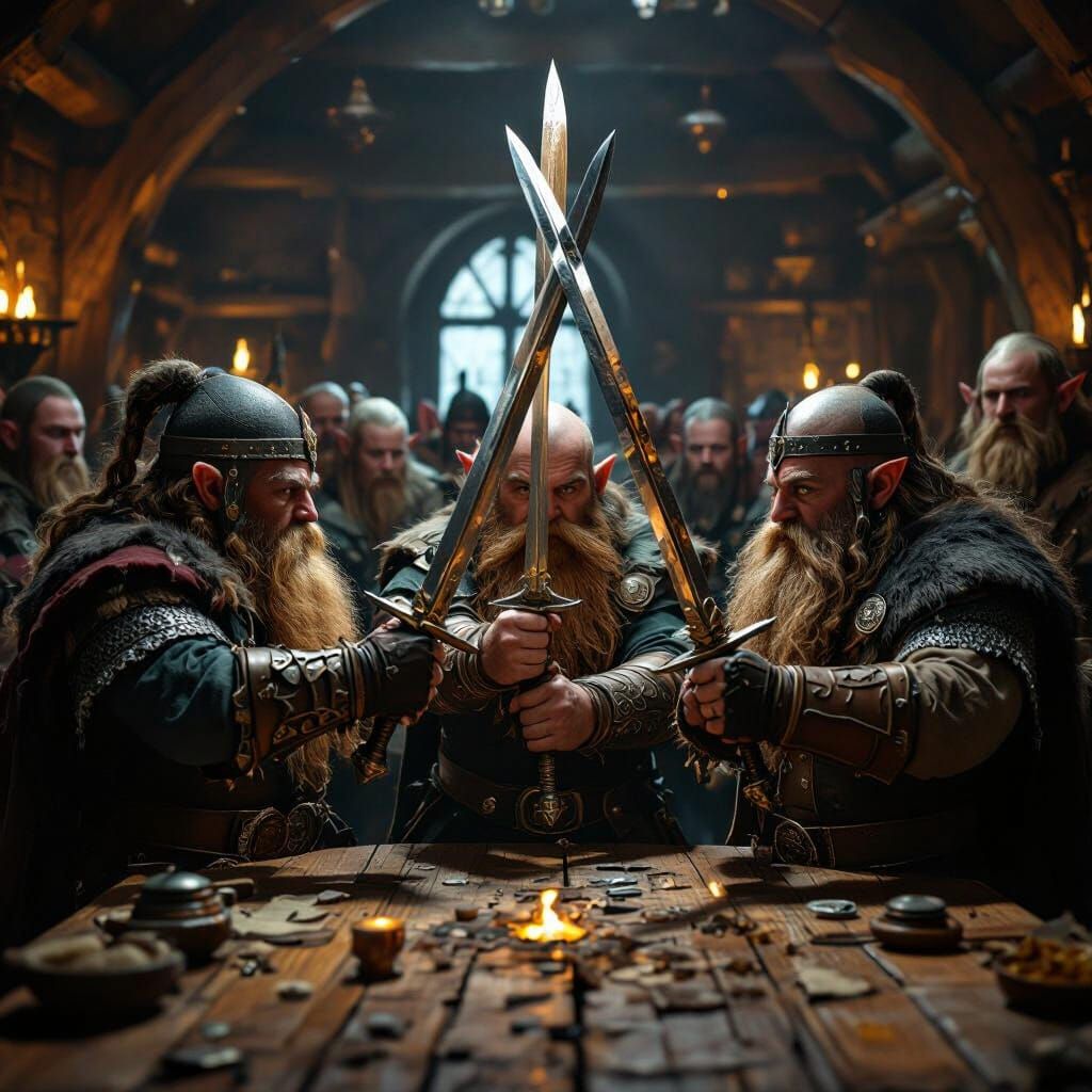 Dwarf Warriors Ready Swords in Medieval Tavern