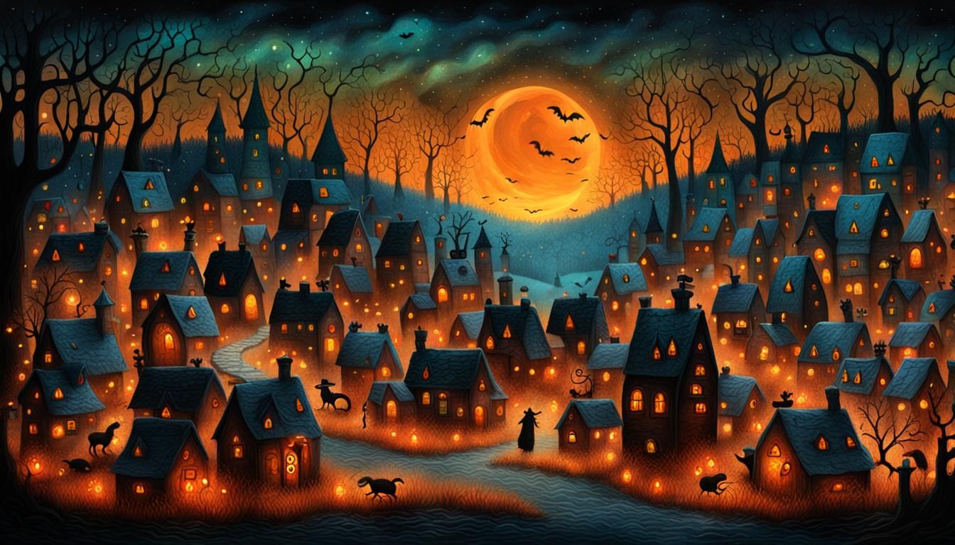 Hyperdetailed Halloween Village in Folk Art Style