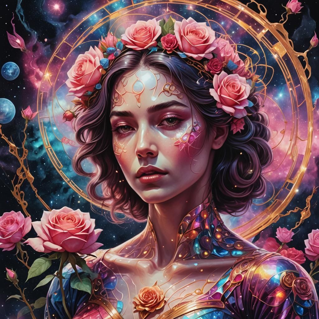 Woman Emerges from Rose in Cosmic Illustration