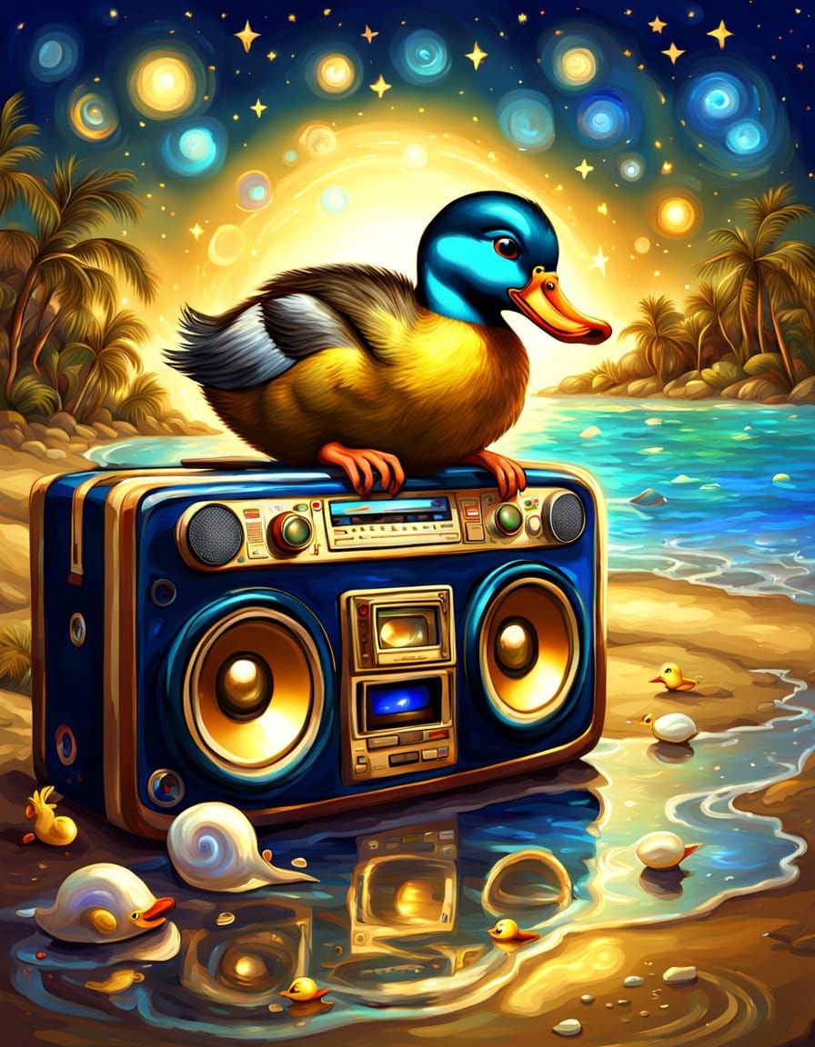 Beach Boombox with Duck in Digital Painting Style