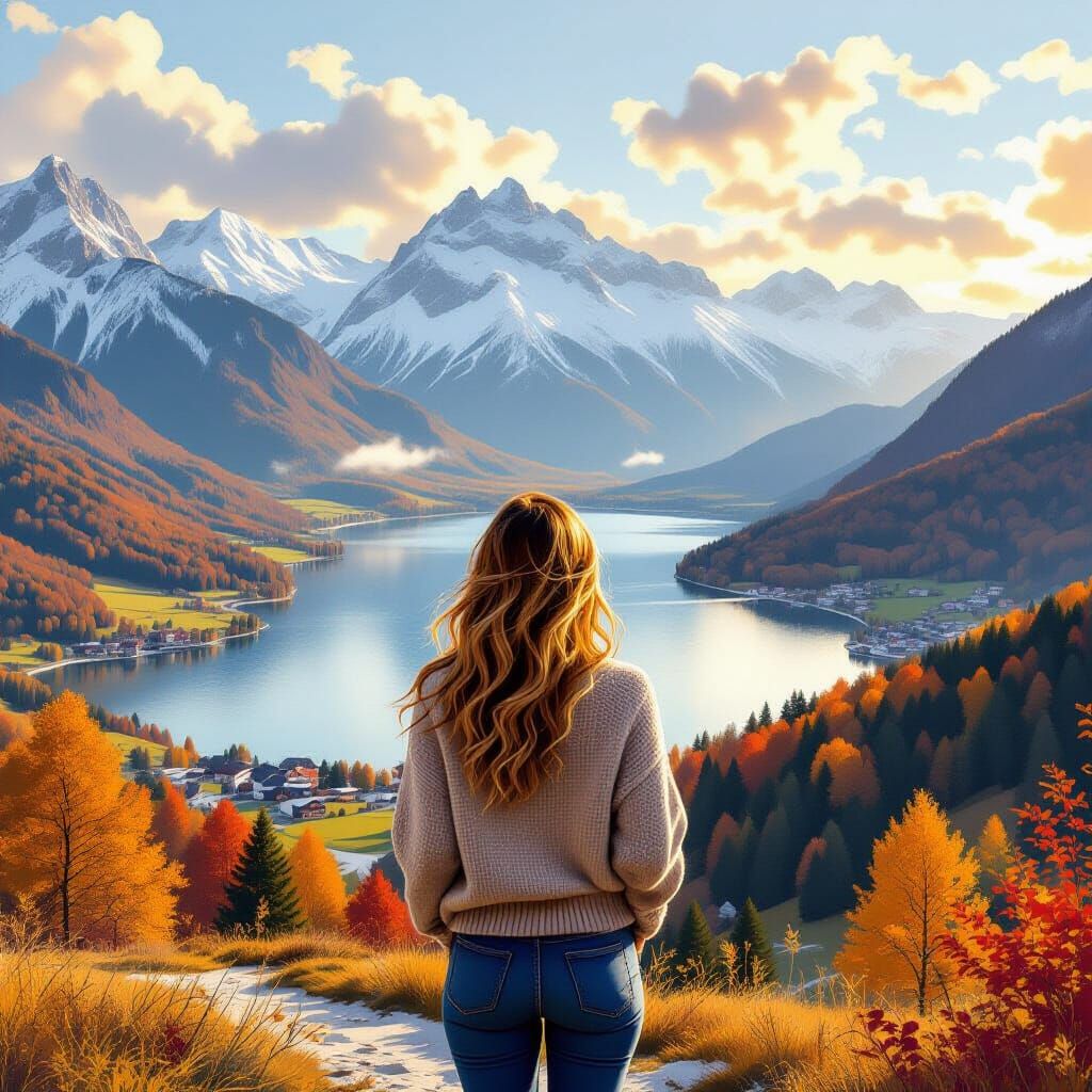 Alpine Vista: Woman Overlooking Lake Bohinj in Autumn