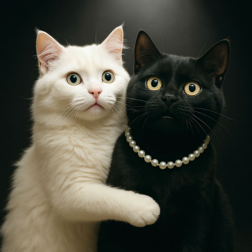 Surprised Cats in Spotlight Hugging: Photorealistic Detail