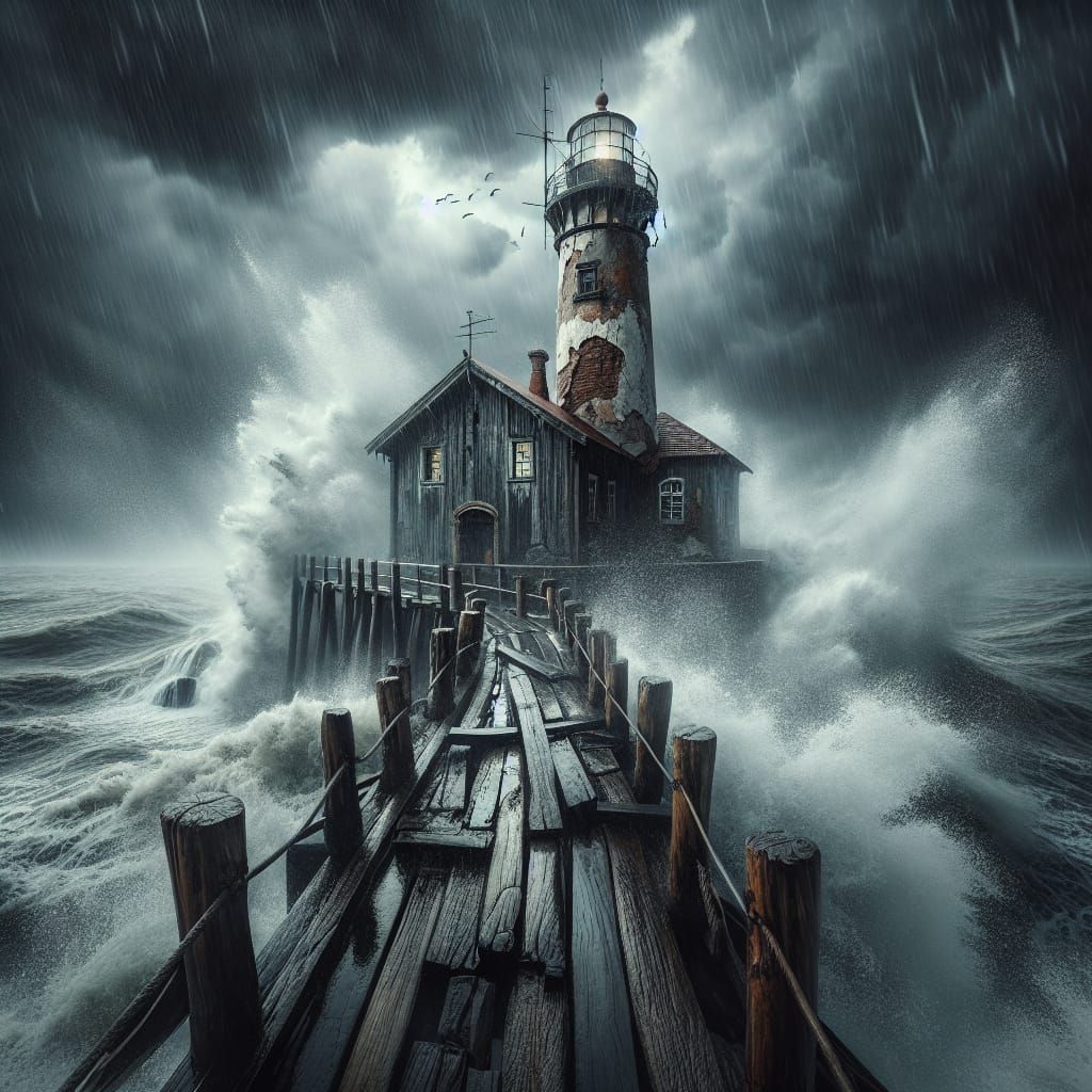 Stormy Lighthouse and Pier in Hyperdetailed 16k