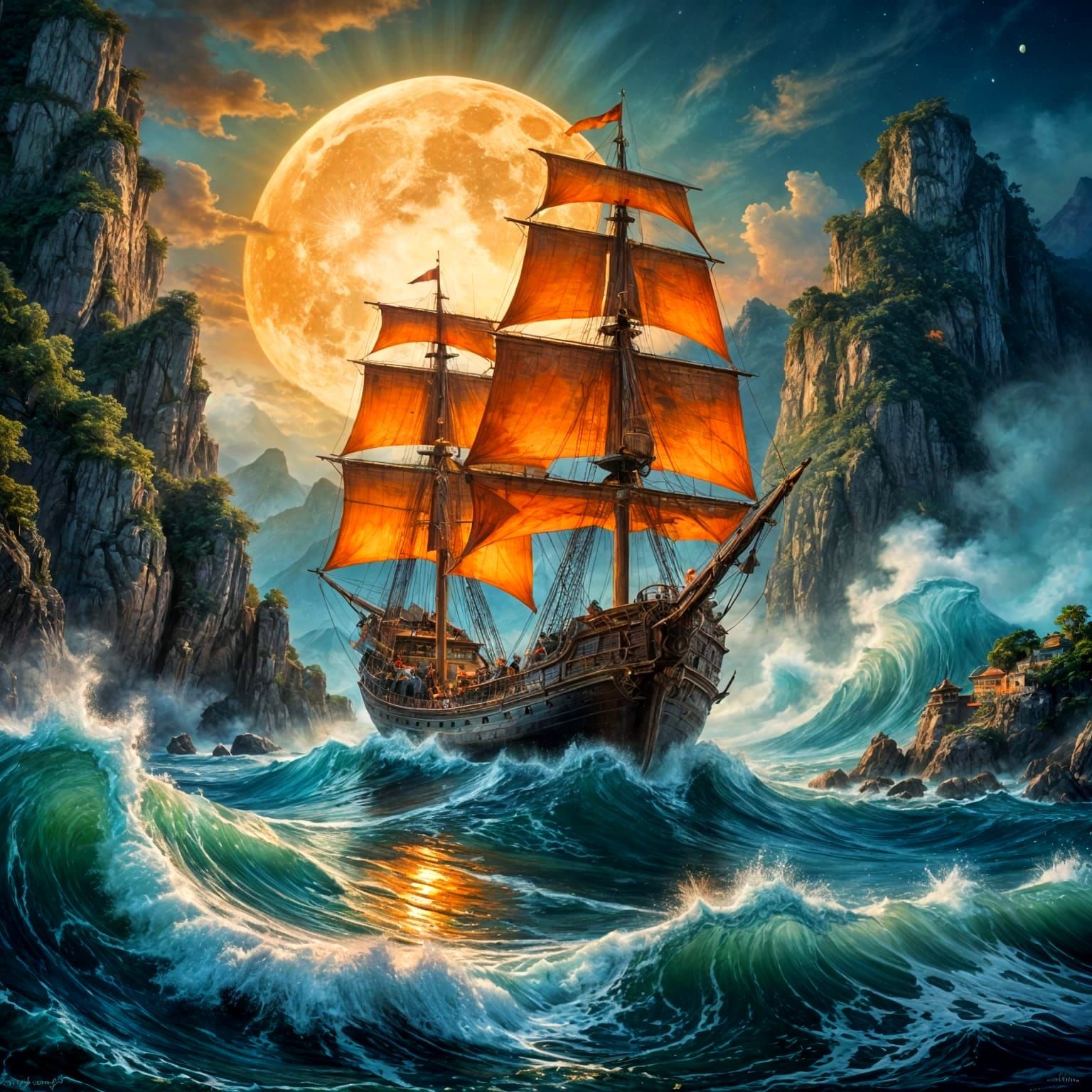 Sailing Chinese Junk Amidst Majestic Island Cliffs at Sunset