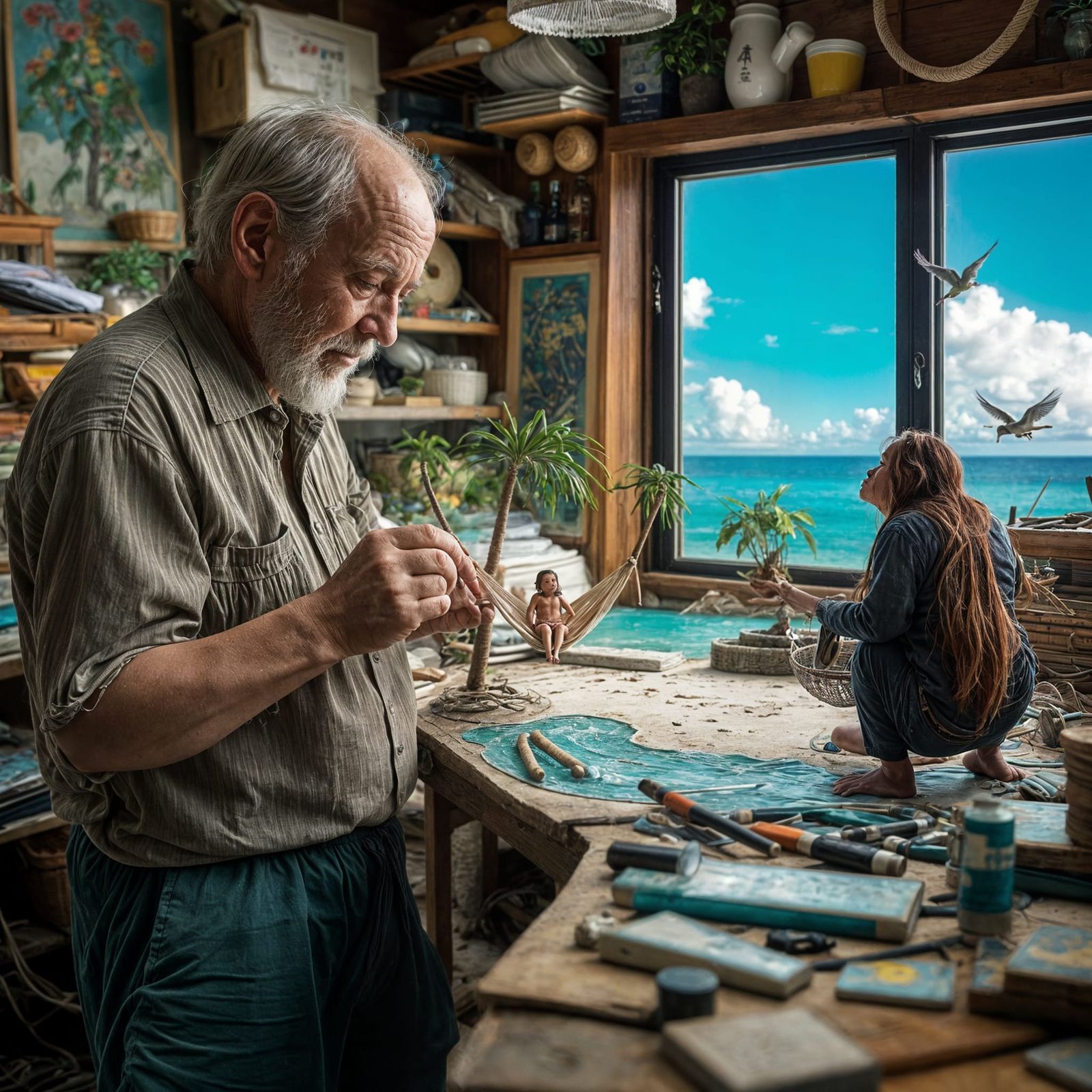 Peaceful Artist Studio with Surreal Tropical Paradise View