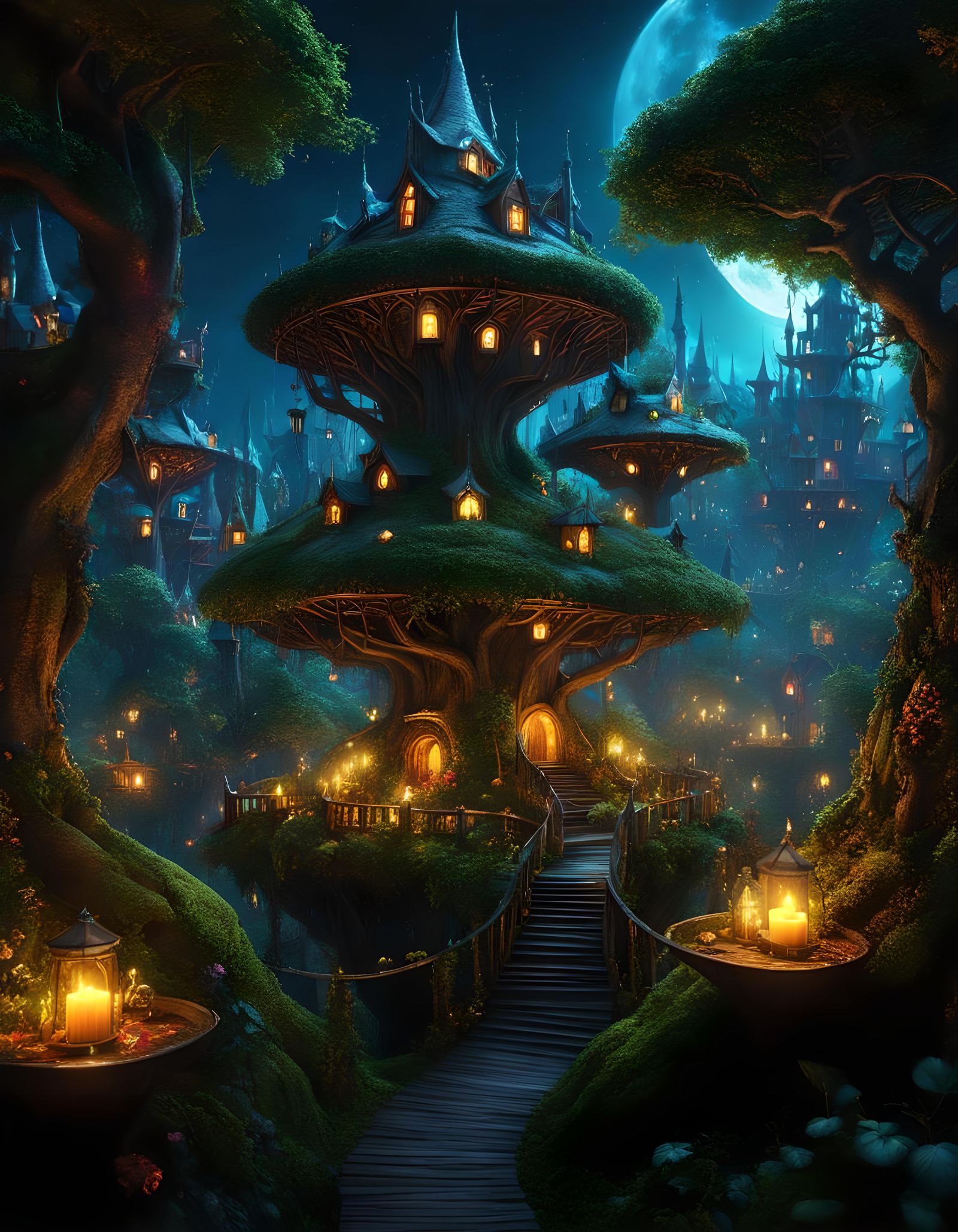 Goblincore Tree City at Night